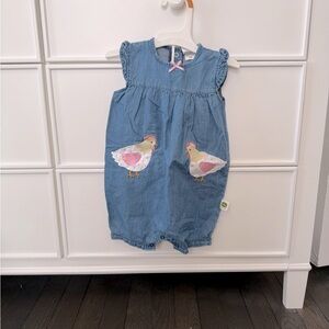 John Deere Denim Baby Romper with Pink Bow